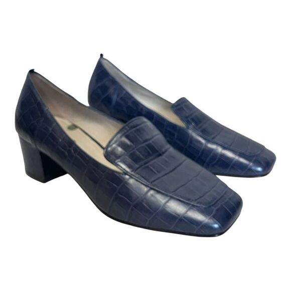 Boden | Navy Leather Croc Block Heel Slip On Loafers EU 40 Casual Classic 8.5 - Picture 3 of 11